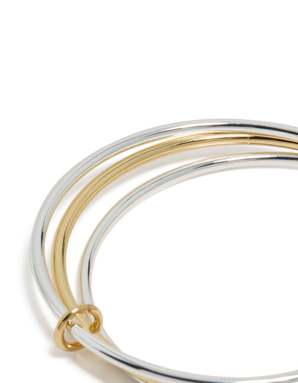 Explore mixed metal linked bangles featuring silver plated and gold plated design closure detail view
