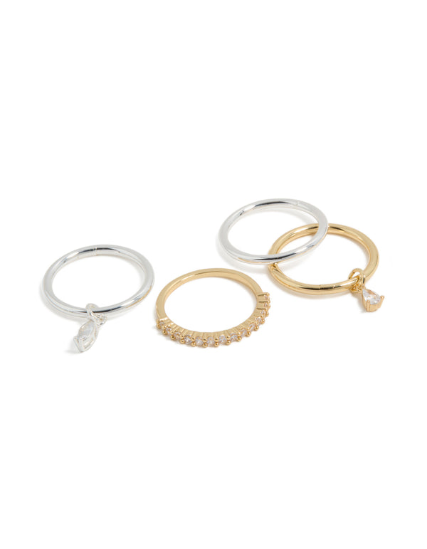Showcasing a mixed metal plated organic cubic zirconia rings 4-pack with charm in gold and silver front view