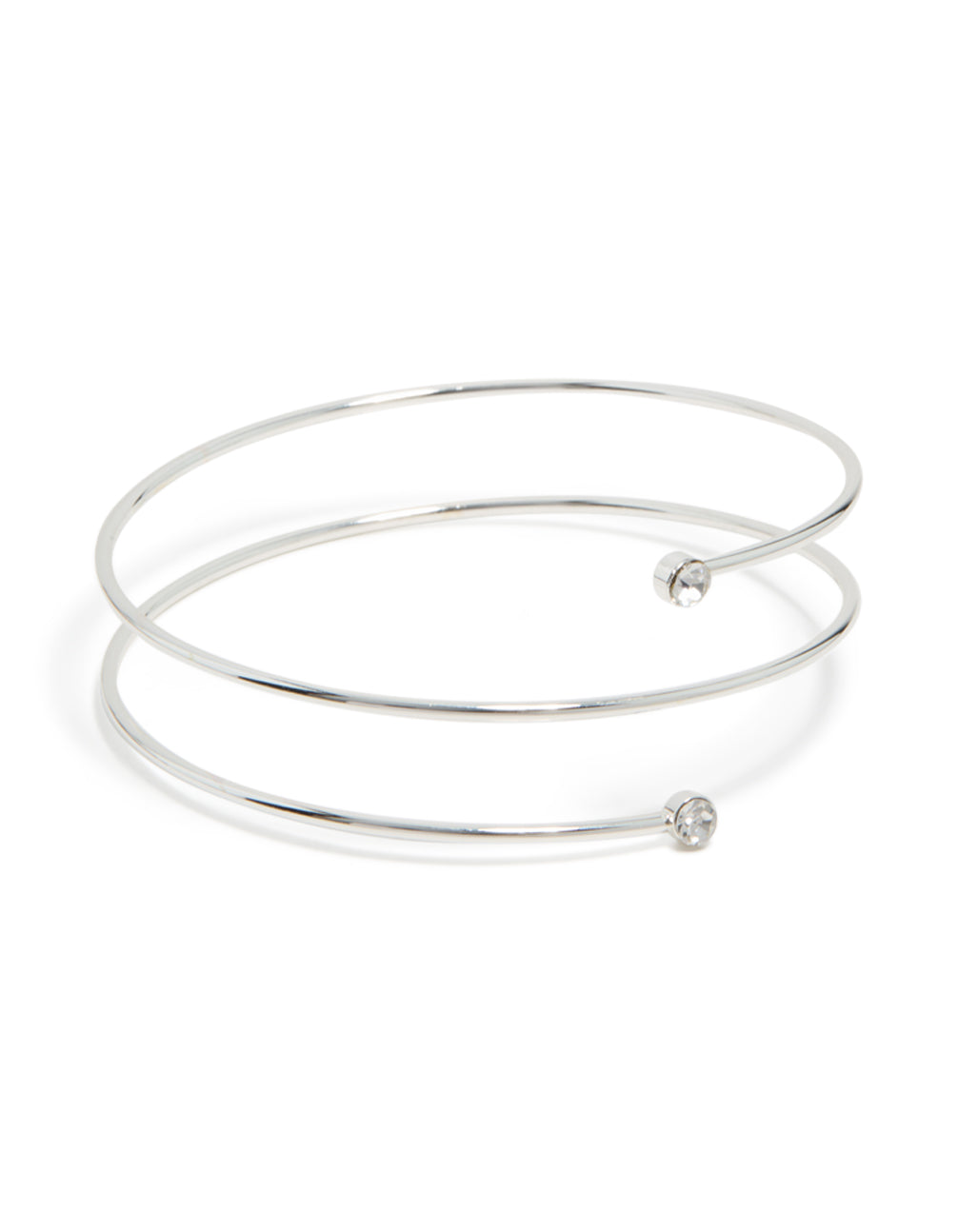 Crafted from silver, this diamante thin wrap arm cuff bangle features a coiled design front view