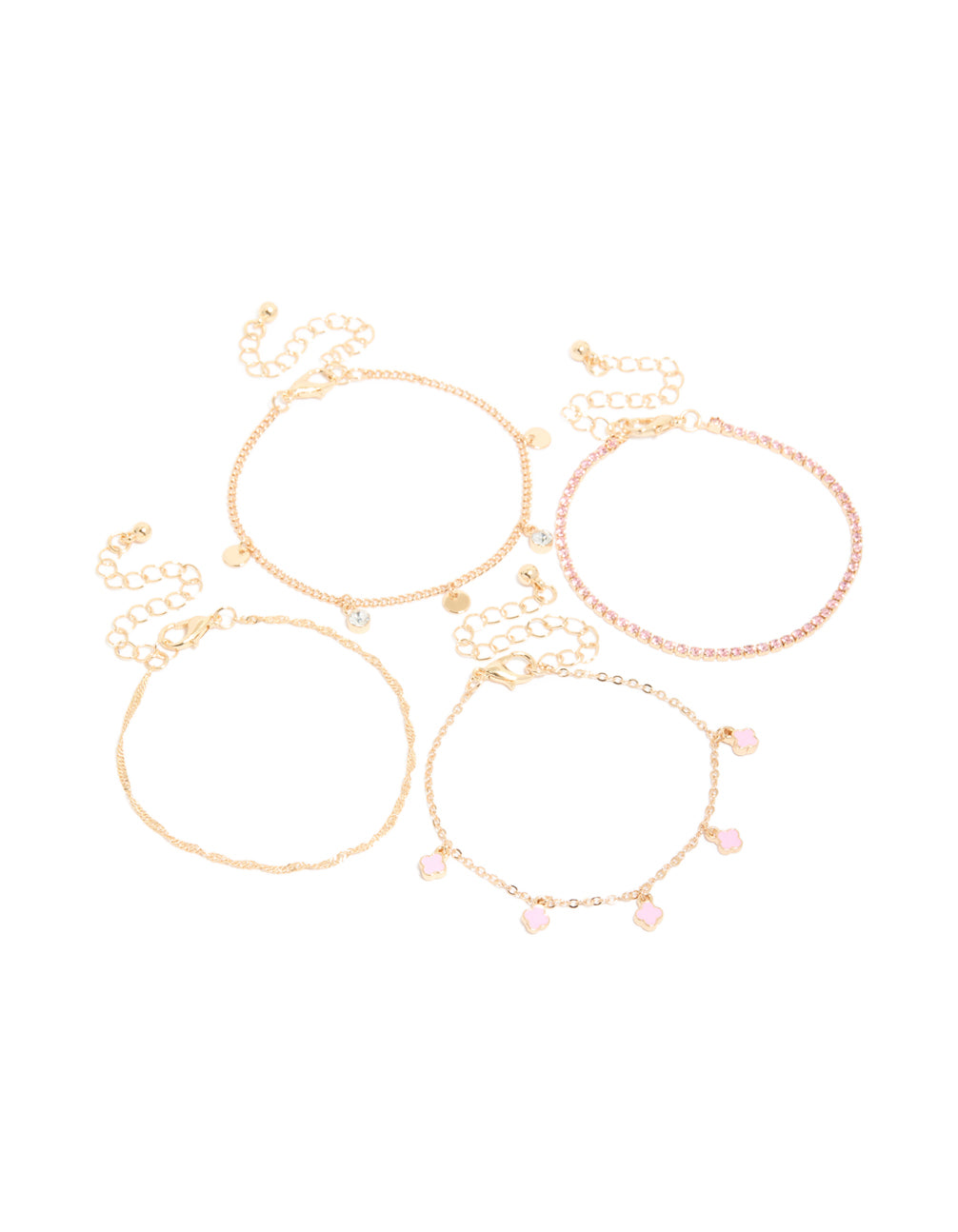 Gold Pink Beaded & Flower Charm Bracelets 4-Pack