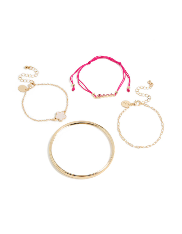 Gold Clover & Hot Pink Cord Bracelets 4-Pack