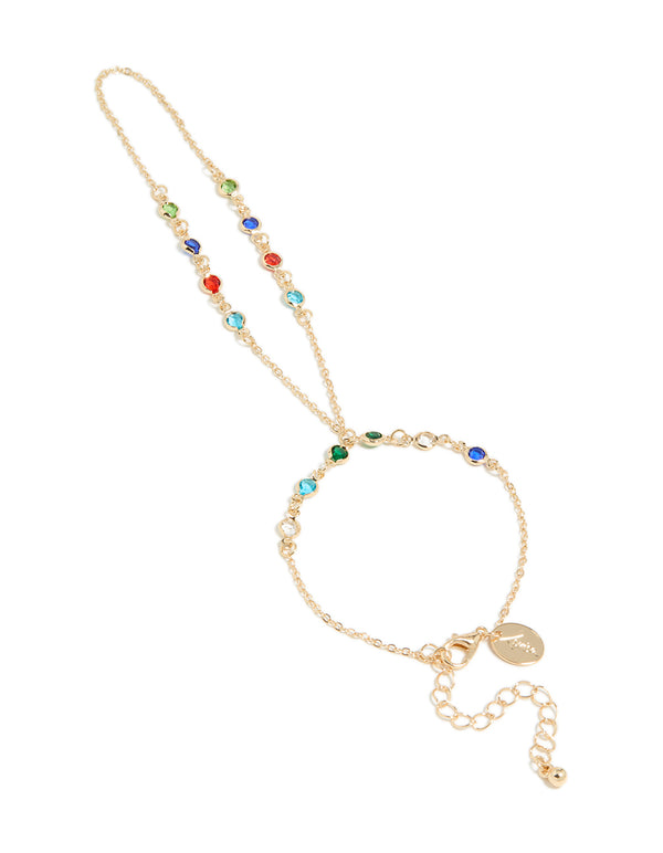 Gold Green, Red & Blue Diamantes Hand Chain