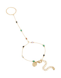 Gold Plated Multicoloured  Semi Precious Stone Beaded Hand Chain - link has visual effect only