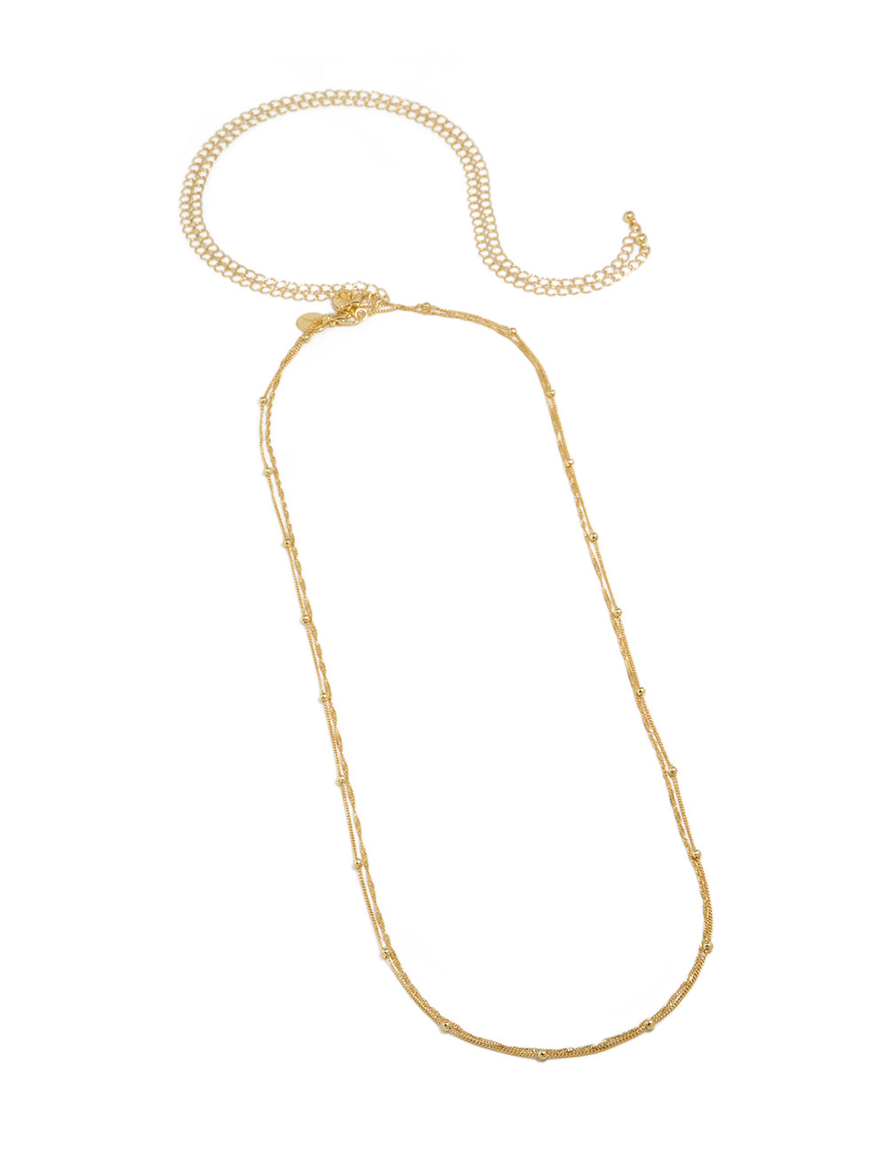 Showcasing a gold plated layered waist chain featuring a plain design with ball embellishments side view