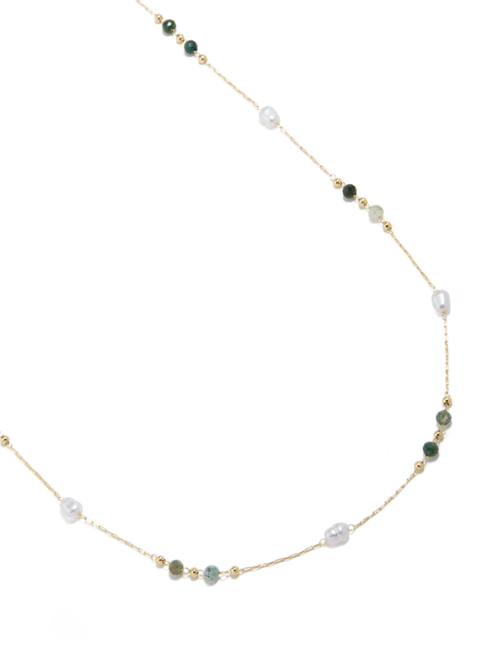 Introducing a gold plated waist chain with embellished pearl and bead accents in multicoloured tones front view