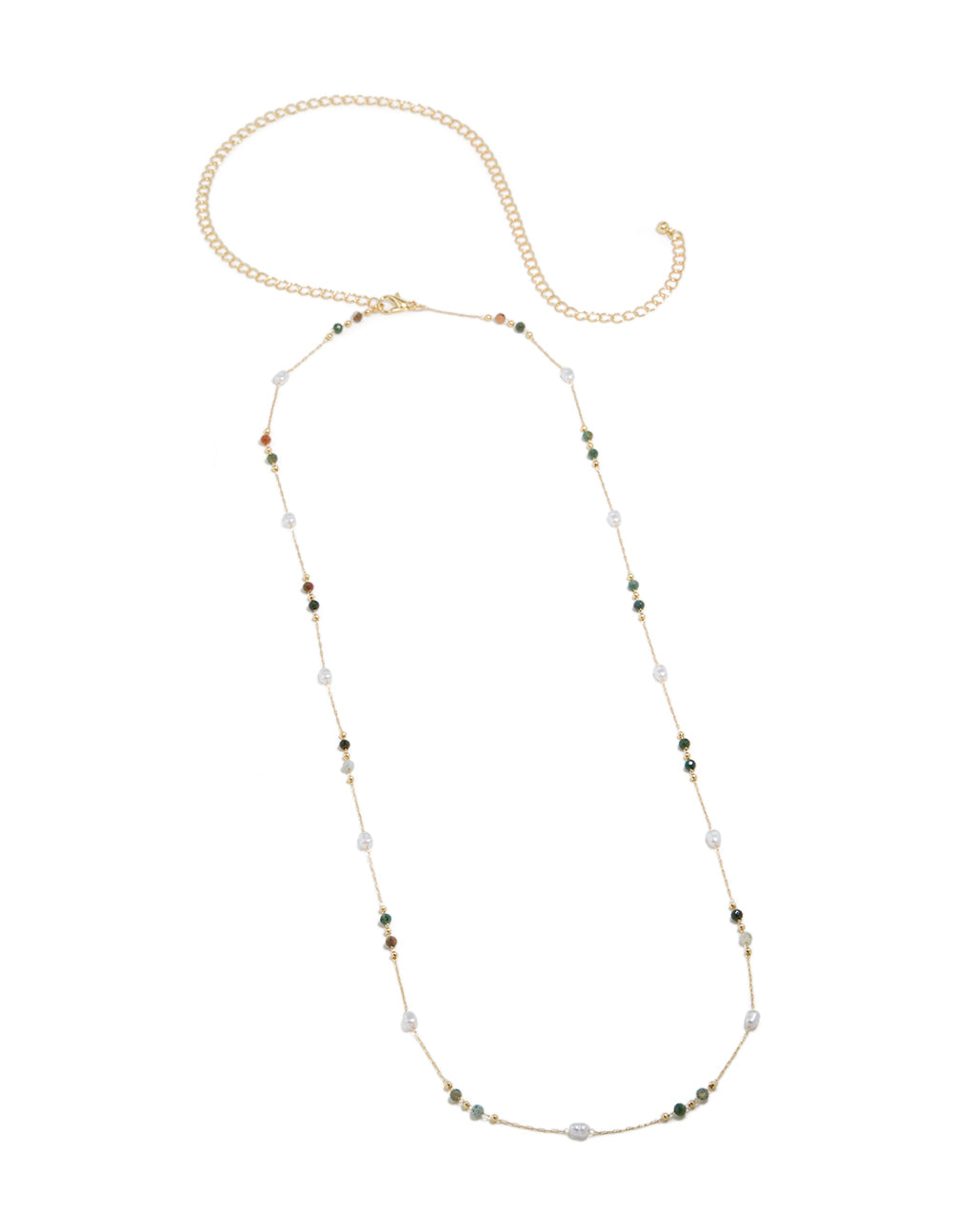 Discover a gold plated waist chain featuring embellished pearl and bead details in multicoloured hues side view