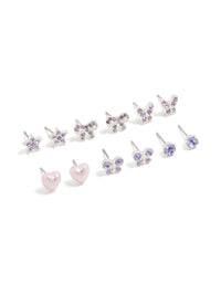 Beautifully crafted kids diamante butterfly stud earrings 6-pack featuring heart, bow and star motifs in silver plated finish front view - link has visual effect only