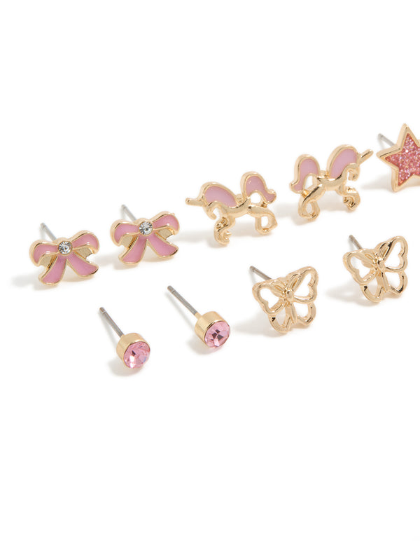 Charming kids gold pearl and unicorn stud earrings 6-pack with bow, butterfly, celestial and star featuring glitter in pink and white close up view