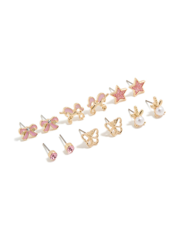 Discover kids gold pearl and unicorn stud earrings 6-pack featuring bow, butterfly, celestial and star with glitter in pink and white front view