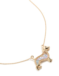 Showcasing a kids sausage dog shaker necklace with animal featuring glitter pendant in gold close up view - link has visual effect only