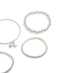Stylish kids silver diamante celestial bracelets 5-pack with beads, moon charm, and bangle styles close up view - link has visual effect only