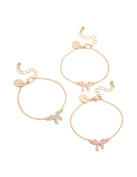 Charming set of kids gold enamel bow bracelets featuring pink and light blue in a 3-pack front view - link has visual effect only
