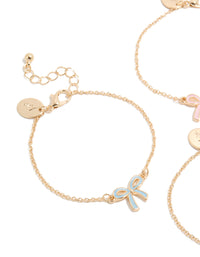 Crafted from enamel, kids bow bracelets in gold with pink and light blue accents, 3-pack close up view - link has visual effect only