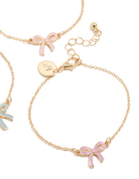 Designed with enamel bow kids gold bracelets in pink and light blue, 3-pack closure detail view - link has visual effect only