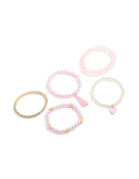 Displaying kids beaded pearl and heart stretch bracelets in a 5-pack and tassel accents in gold, light pink, ivory, and salmon tones front view - link has visual effect only