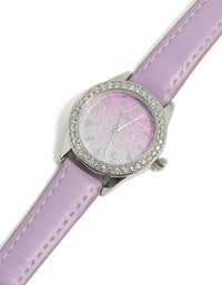 Discover a kids watch featuring glitter dial with round shape in casual style crafted from leather strap in pink color analog type side view - link has visual effect only