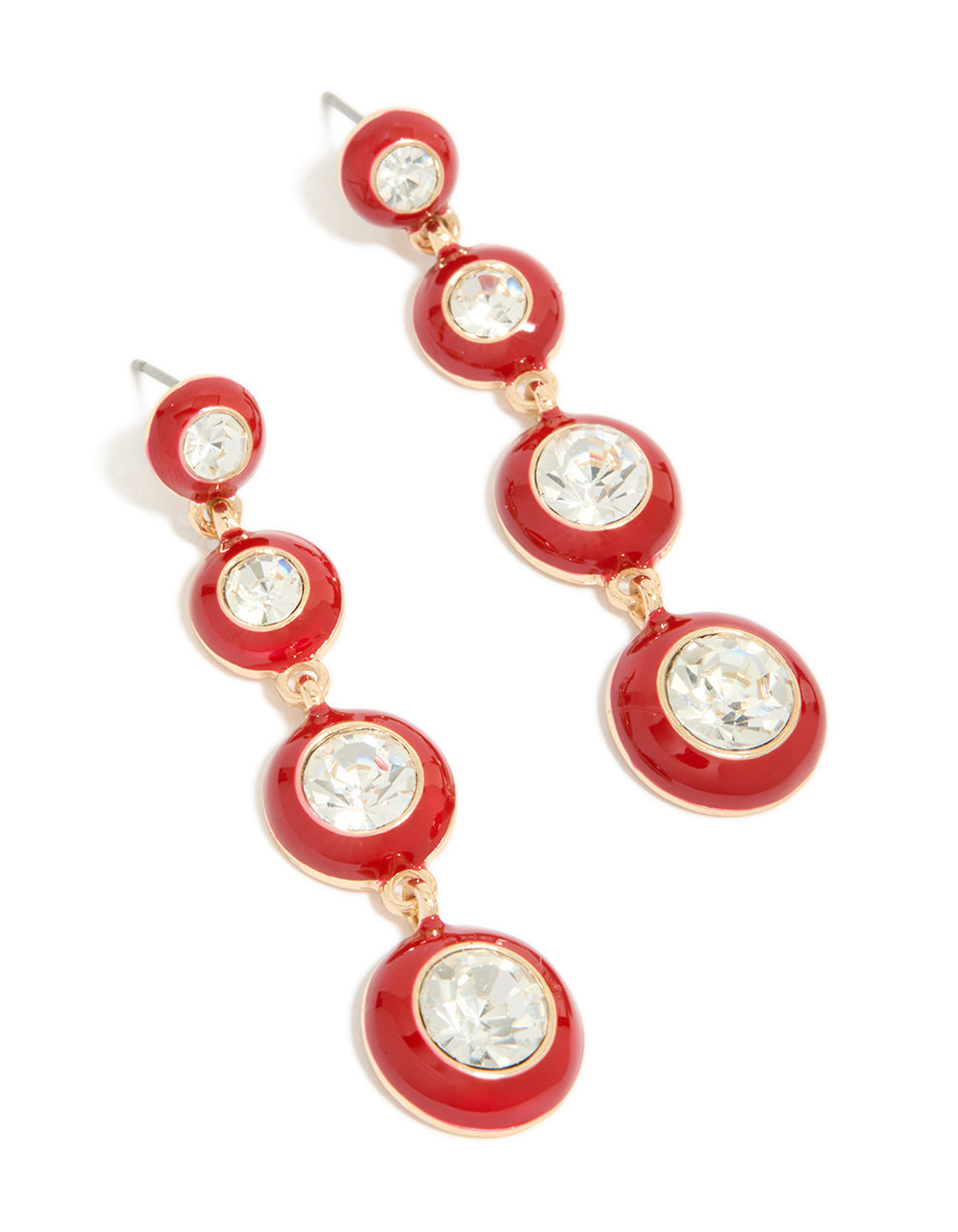 Gold Clear Diamante & Red Enamel Circle Drop Earrings