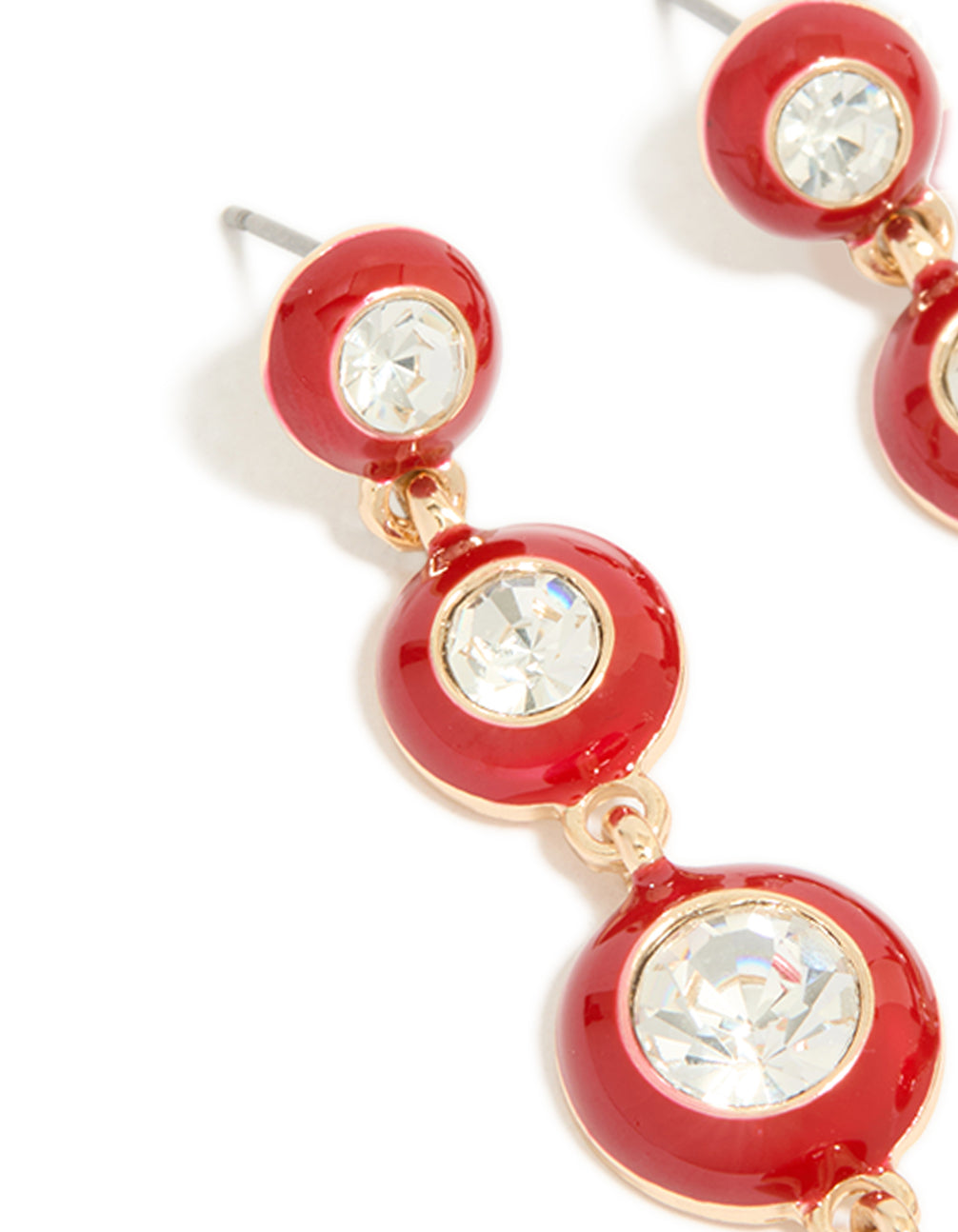 Gold Clear Diamante & Red Enamel Circle Drop Earrings