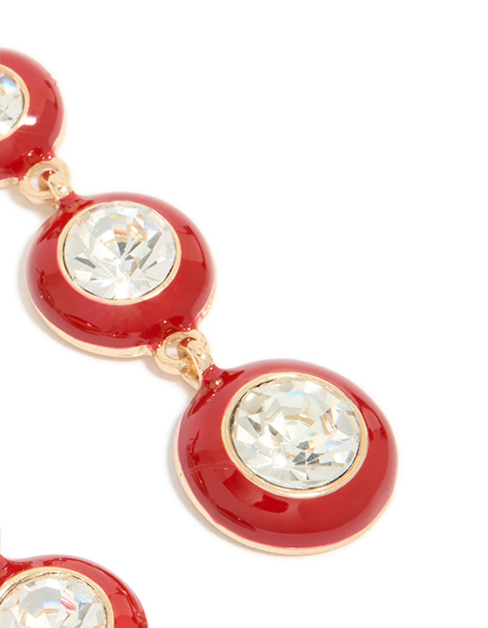 Gold Clear Diamante & Red Enamel Circle Drop Earrings