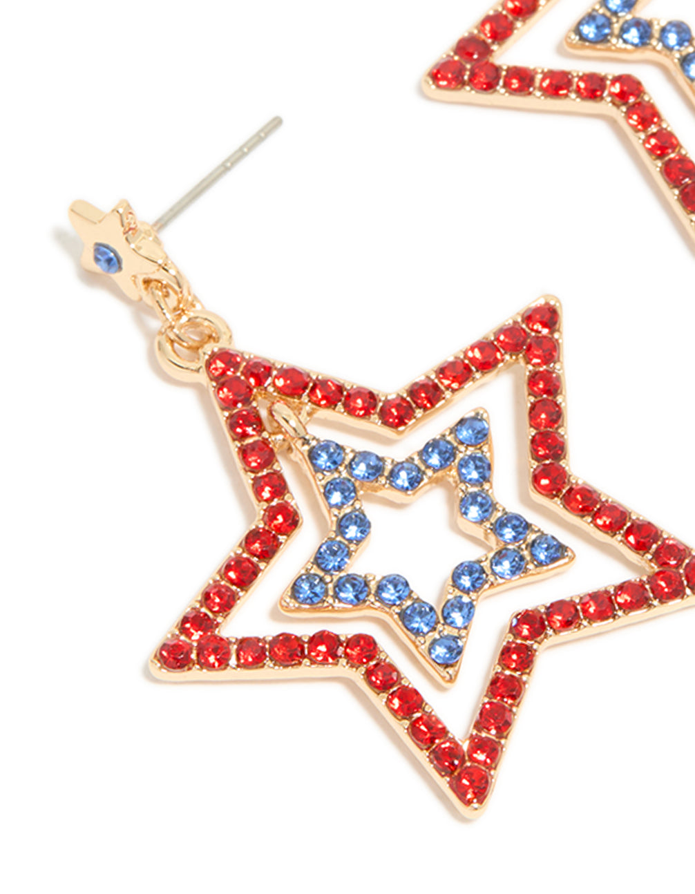Gold Red & Blue Diamante Triple Star Drop Earrings