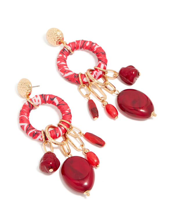 Gold Red Beaded & Paper Wrapped Drop Earrings