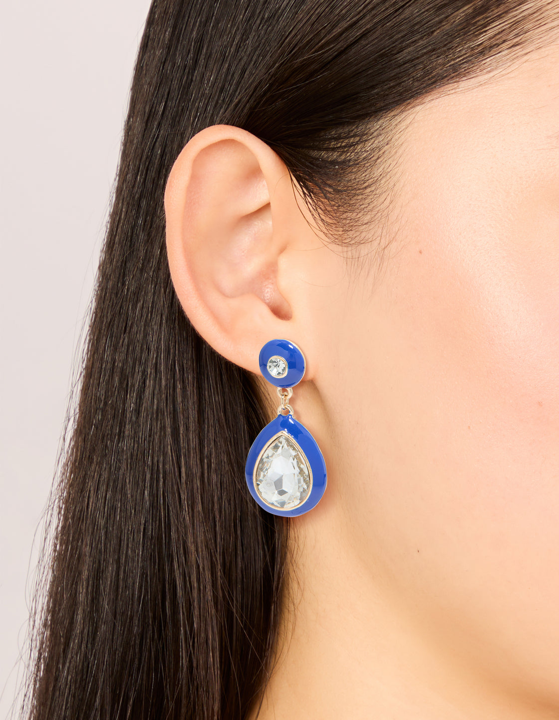 Gold Blue Enamel & Pear Clear Diamante Drop Earrings