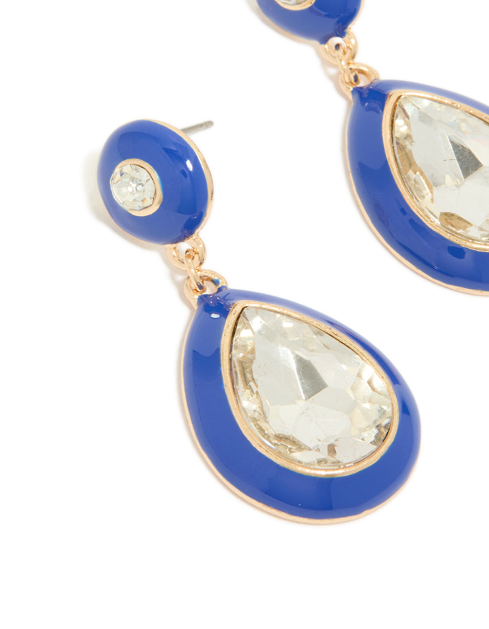 Gold Blue Enamel & Pear Clear Diamante Drop Earrings