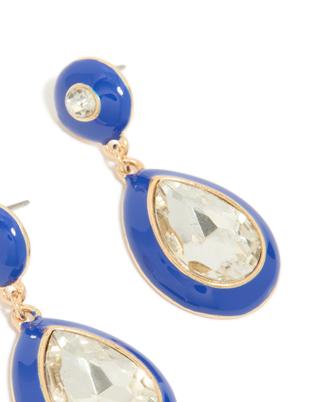 Gold Blue Enamel & Pear Clear Diamante Drop Earrings