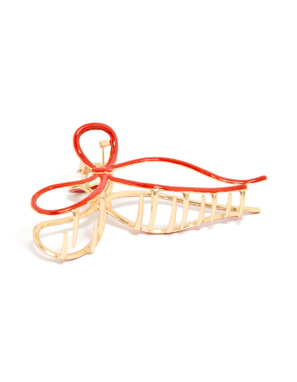 Gold Red Bow Claw Clip