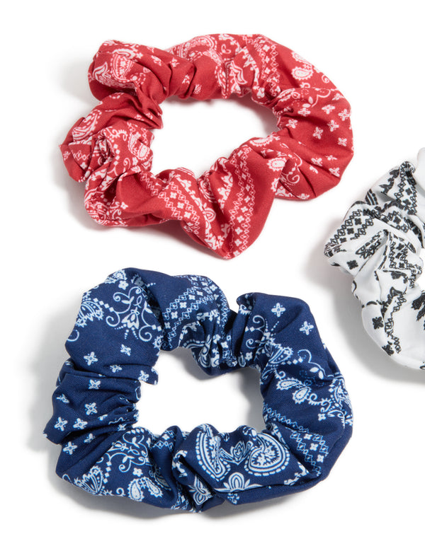 Blue Red & White Paisley Print Fabric Scrunchies 3-Pack