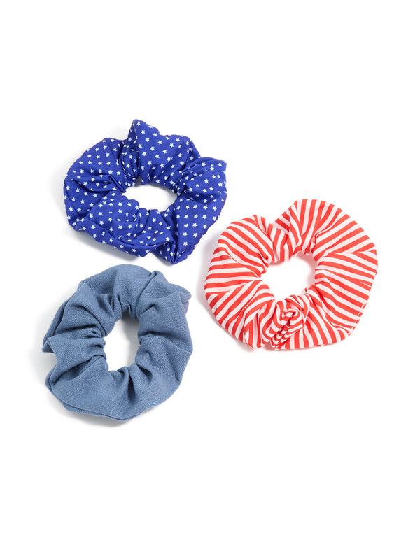 Blue & Red Fabric Star Polyester Scrunchies 3-Pack