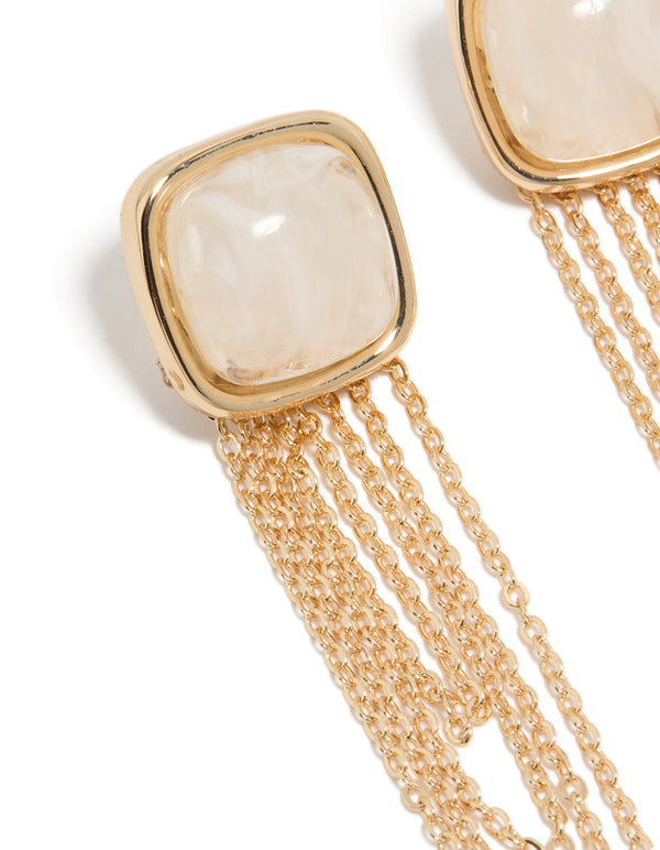 Gold White Stone & Layered Tassel Chain Drop Earrings