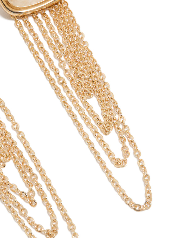 Gold White Stone & Layered Tassel Chain Drop Earrings