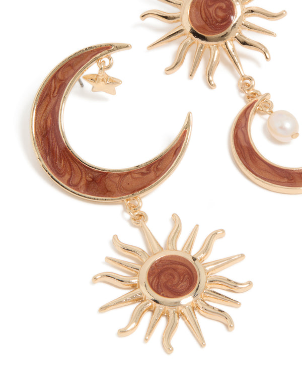 Gold Celestial Brown Marble Drop Earrings