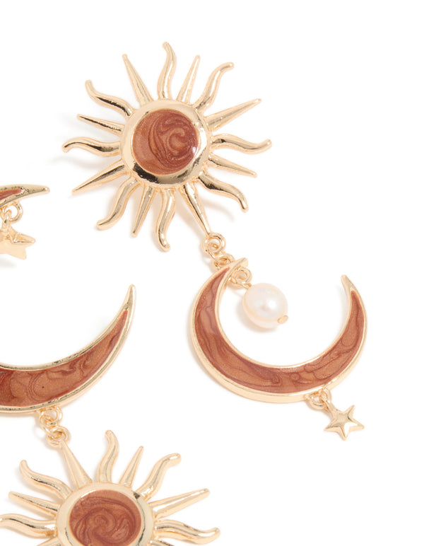 Gold Celestial Brown Marble Drop Earrings