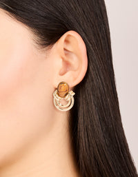 Gold Brown Stone & Double Lined Stud Earrings - link has visual effect only