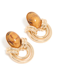Gold Brown Stone & Double Lined Stud Earrings - link has visual effect only
