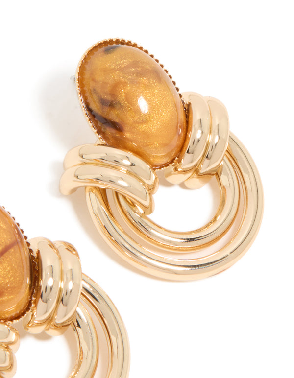 Gold Brown Stone & Double Lined Stud Earrings
