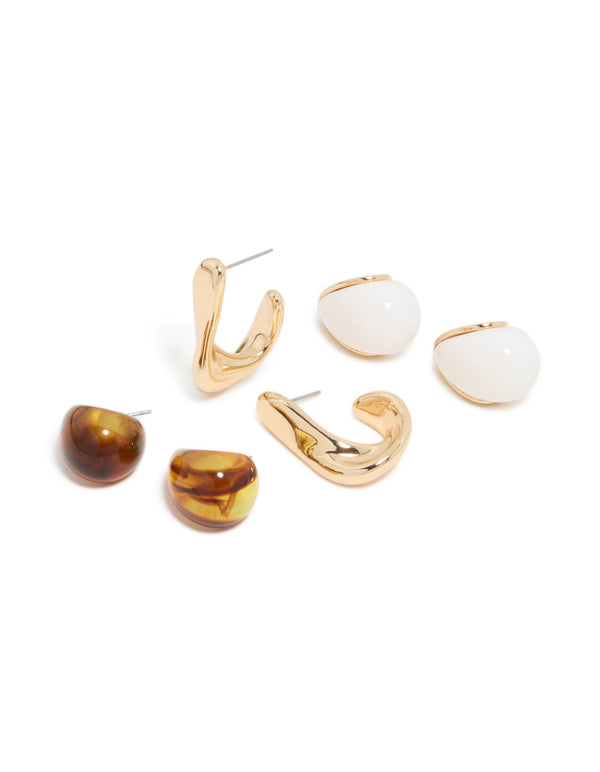 Gold Brown Acrylic &  White Acrylic Earrings 3 Pack