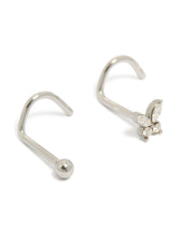 Featuring butterfly corkscrew nose studs with balls crafted from surgical steel and cubic zirconia in silver 3-pack detail view - link has visual effect only