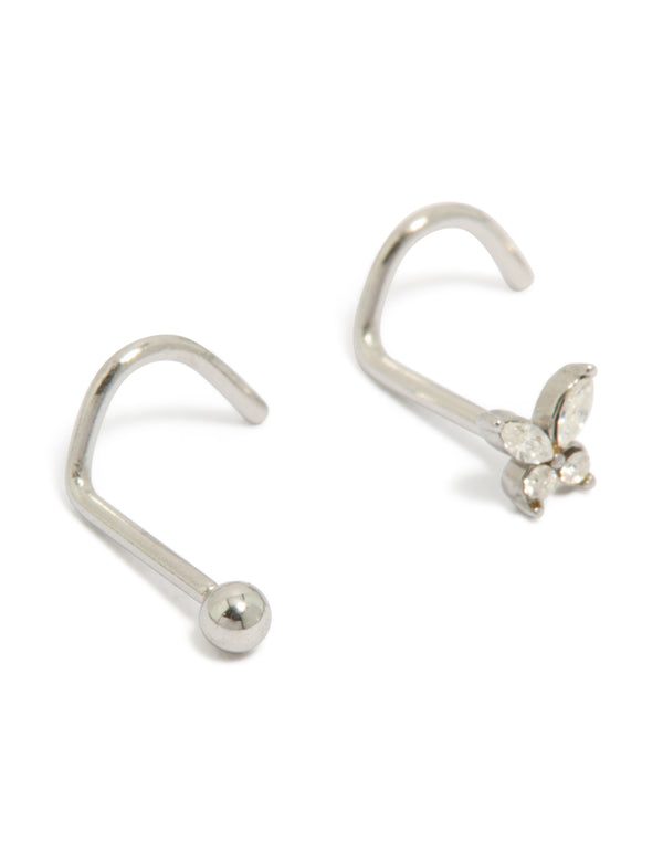 Featuring butterfly corkscrew nose studs with balls crafted from surgical steel and cubic zirconia in silver 3-pack detail view