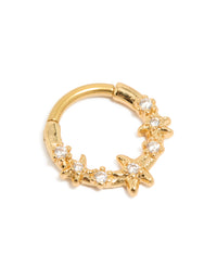 Beautifully crafted ocean starfish clicker ring in gold plated surgical steel with cubic zirconia accents and a dainty design, front view - link has visual effect only