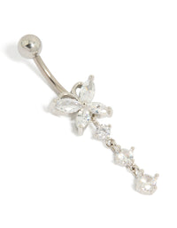 Showcasing a titanium belly bar with butterfly charm, bar closure, balls, and cubic zirconia in silver front view - link has visual effect only