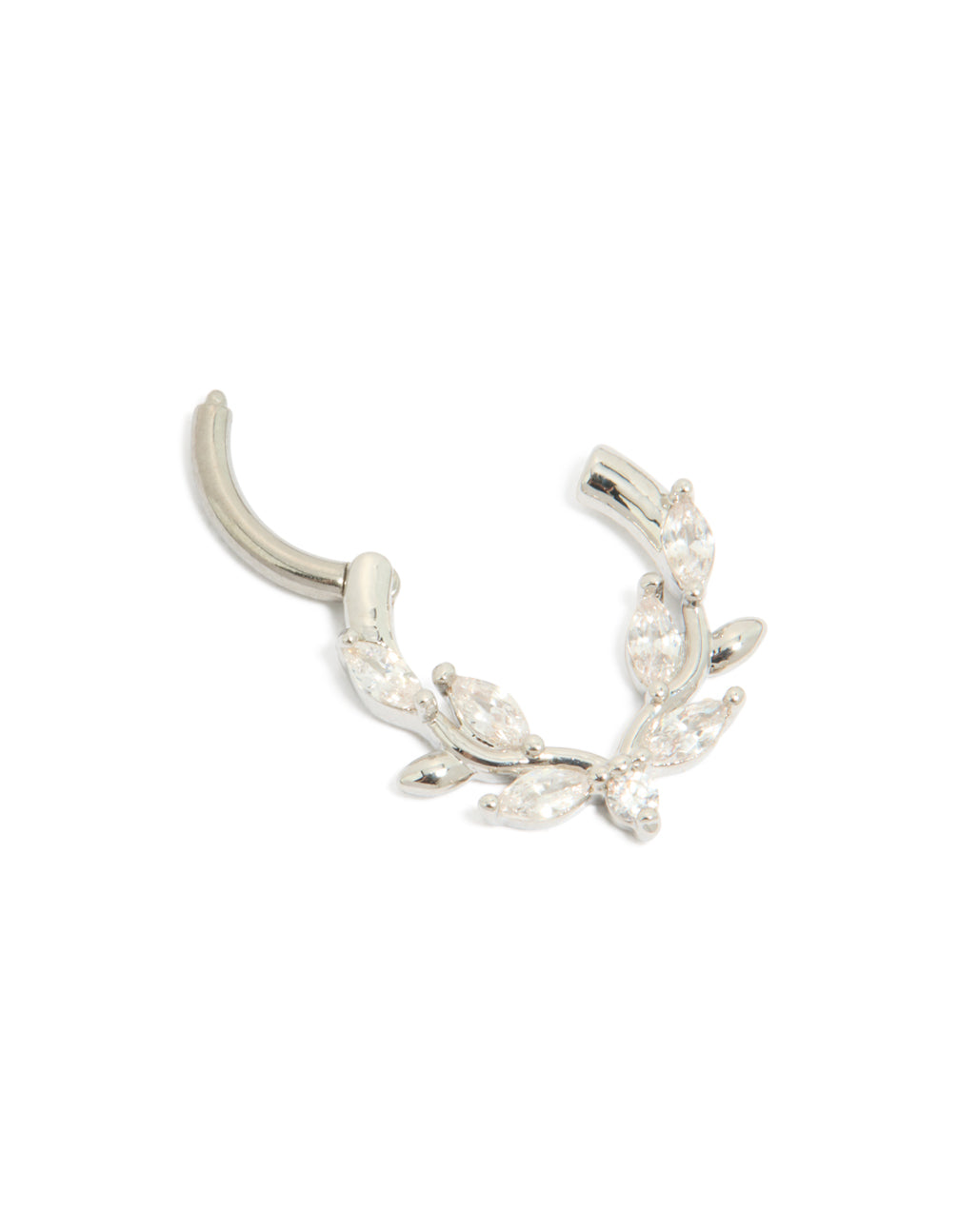 Showcasing a titanium cubic zirconia vine clicker ring in silver and clear stone hoop closure detail view