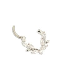 Showcasing a titanium cubic zirconia vine clicker ring in silver and clear stone hoop closure detail view - link has visual effect only