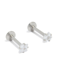 Designed with surgical steel 3 mm cubic zirconia square flat back studs featuring clear stones in a stud closure front view - link has visual effect only