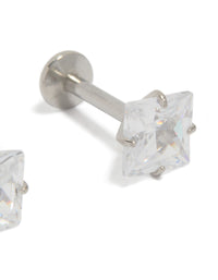 Highlighting 5 MM square cubic zirconia studs in surgical steel with flat back closure post detail view - link has visual effect only