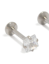 Showcasing 4 MM square cubic zirconia flat back studs in surgical steel close up view - link has visual effect only