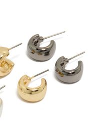Crafted from mixed metal plated small round open hoop earrings in a 3-pack with gold and silver tones, hoop closure post detail view - link has visual effect only