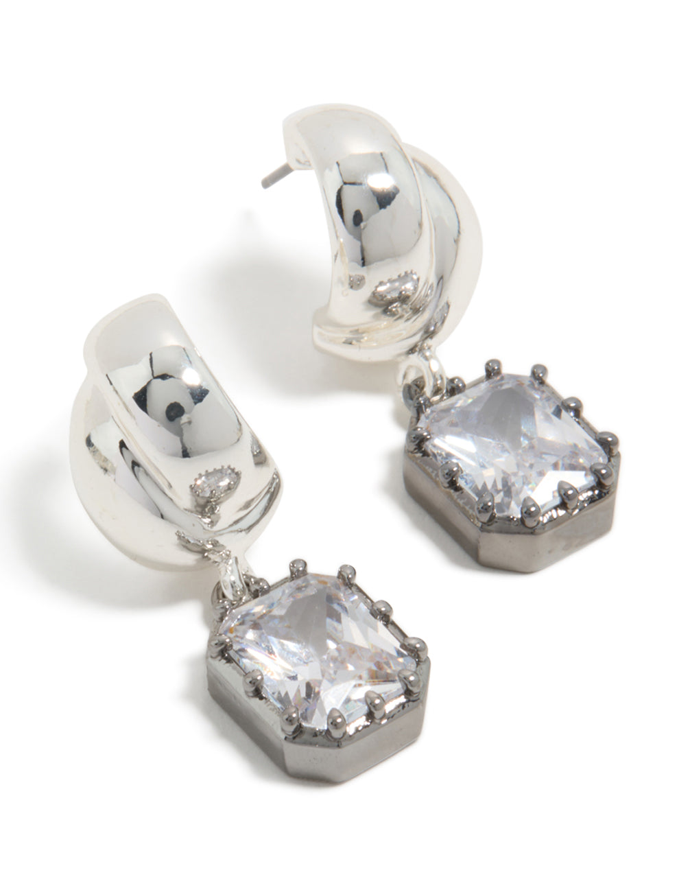 Featuring silver and gunmetal plated cubic zirconia square drop earrings with statement style front view